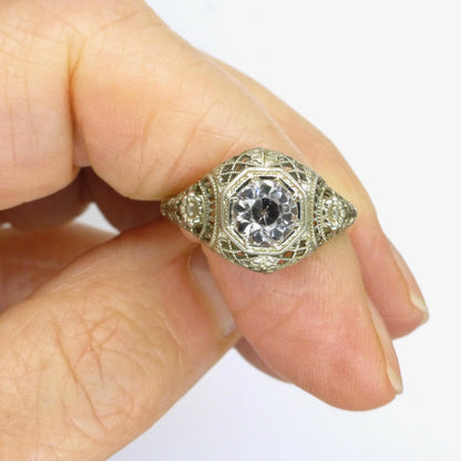 Antique white gold filigree and white sapphire solitaire ring c1900's