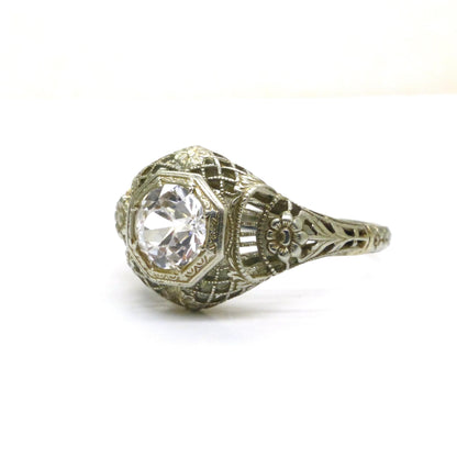 Antique white gold filigree and white sapphire solitaire ring c1900's