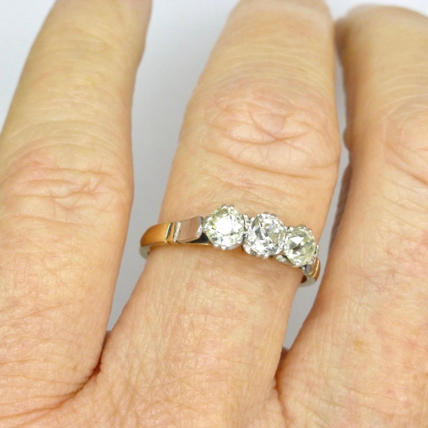 Antique old mine cut natural diamond three stone trilogy ring 0.75ct ~ 18ct Platinum