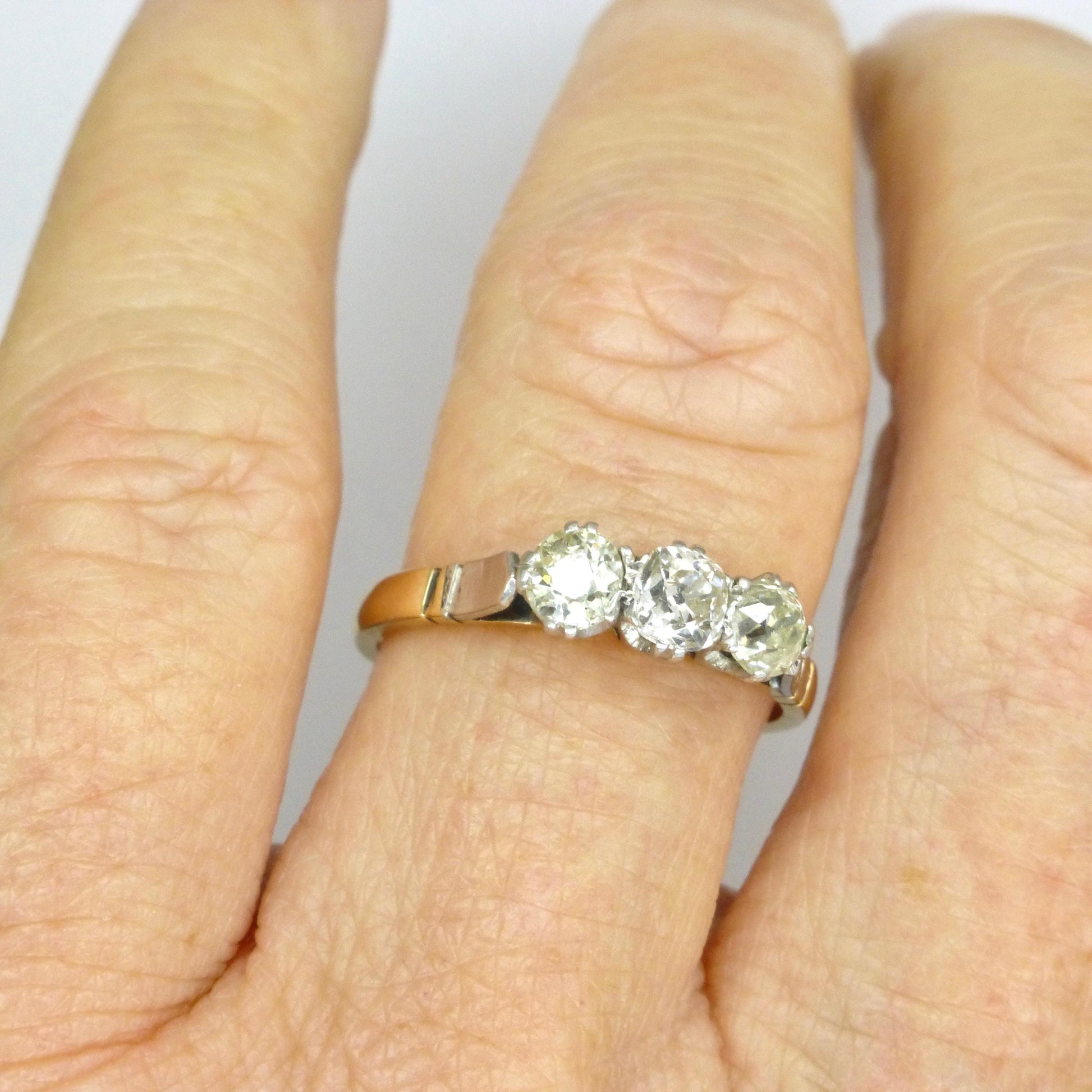 Antique old mine cut natural diamond three stone trilogy ring 0.75ct ~ 18ct Platinum