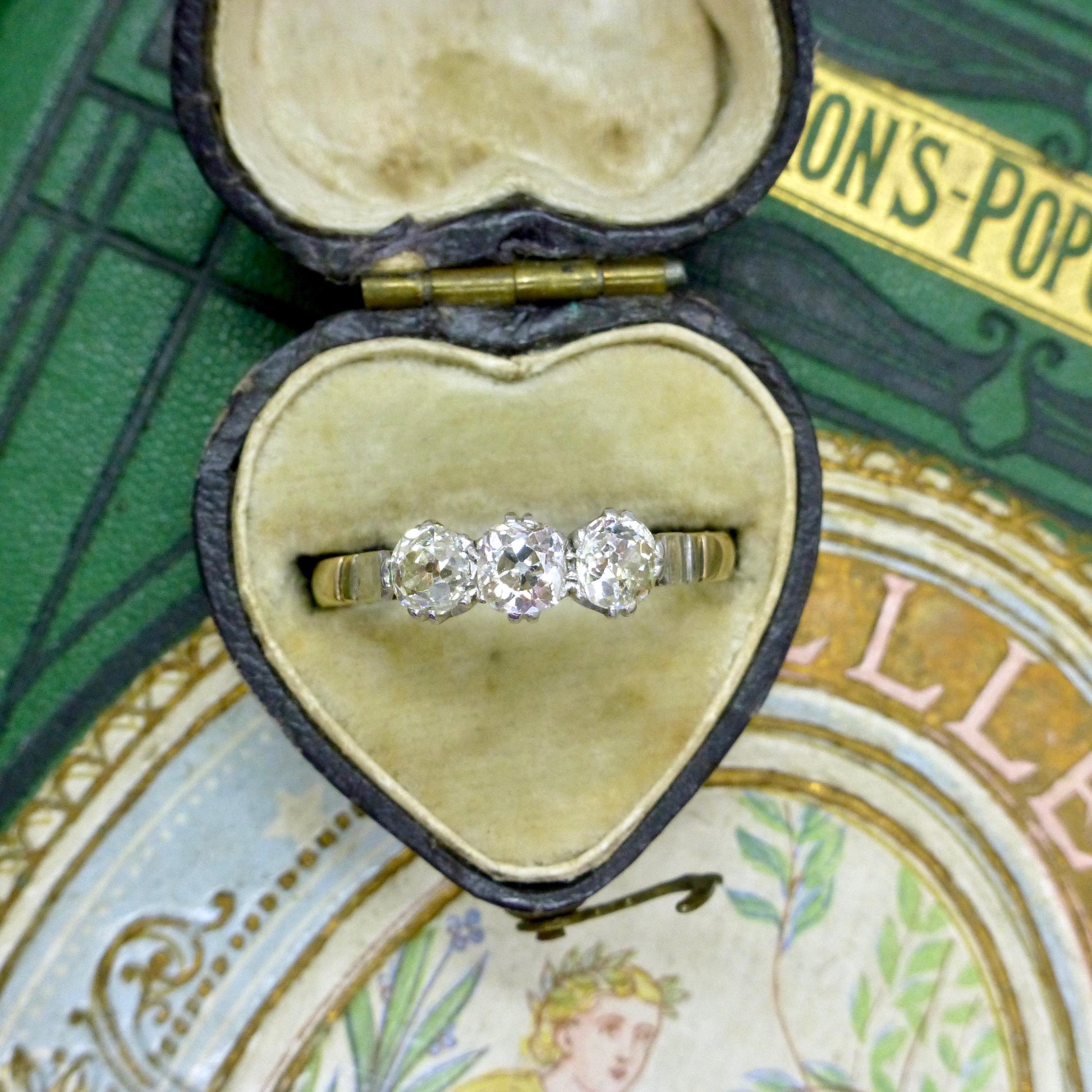 Antique old mine cut natural diamond three stone trilogy ring 0.75ct ~ 18ct Platinum