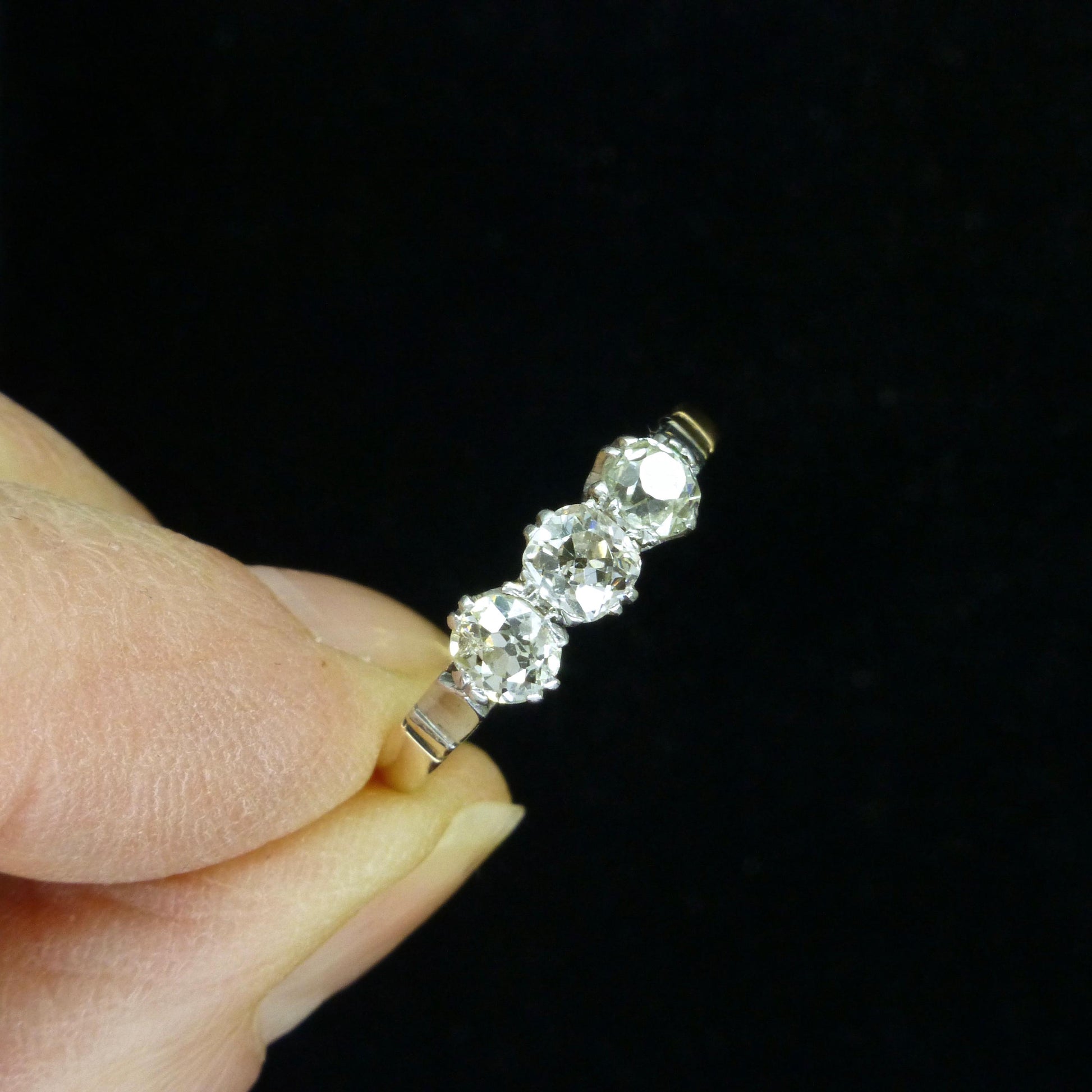 Antique old mine cut natural diamond three stone trilogy ring 0.75ct ~ 18ct Platinum