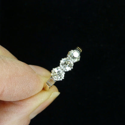 Antique old mine cut natural diamond three stone trilogy ring 0.75ct ~ 18ct Platinum