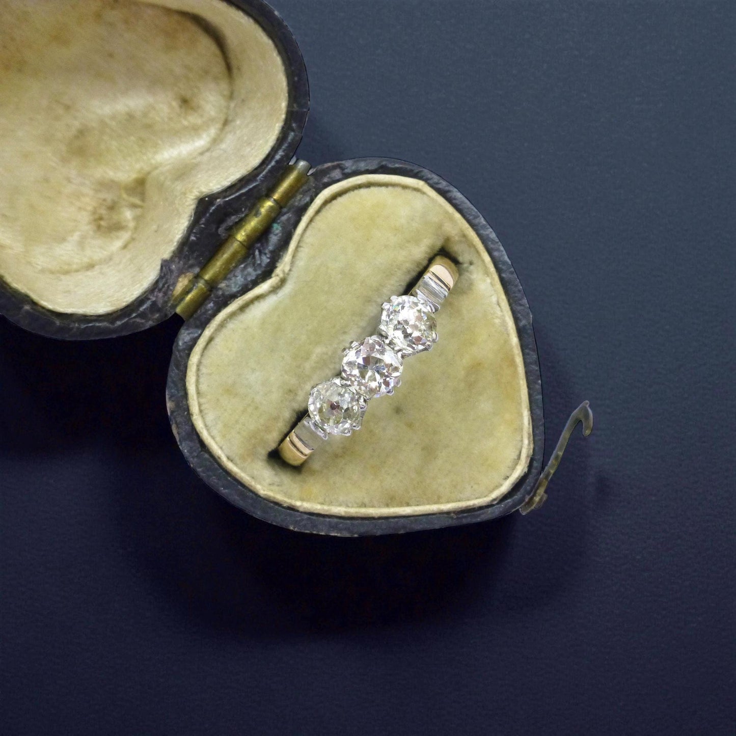 Antique old mine cut natural diamond three stone trilogy ring 0.75ct ~ 18ct Platinum