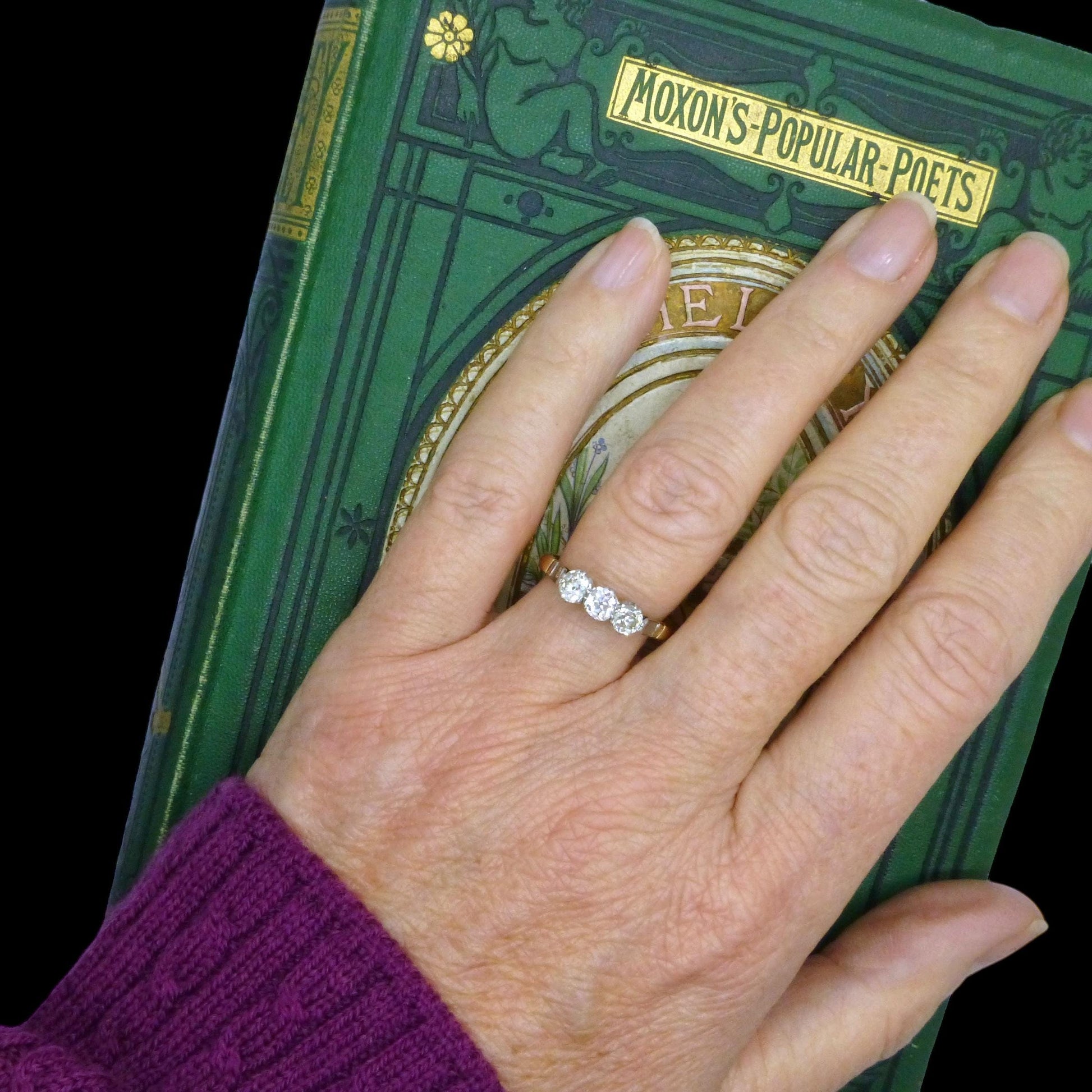 Antique old mine cut natural diamond three stone trilogy ring 0.75ct ~ 18ct Platinum