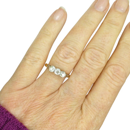 Antique old mine cut natural diamond three stone trilogy ring 0.75ct ~ 18ct Platinum