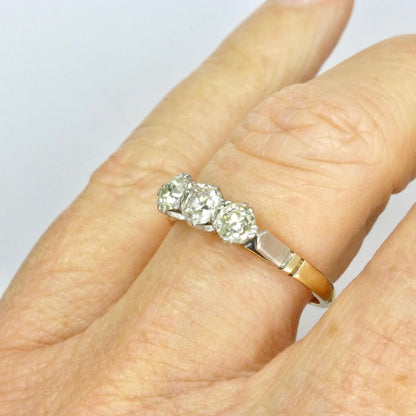 Antique old mine cut natural diamond three stone trilogy ring 0.75ct ~ 18ct Platinum