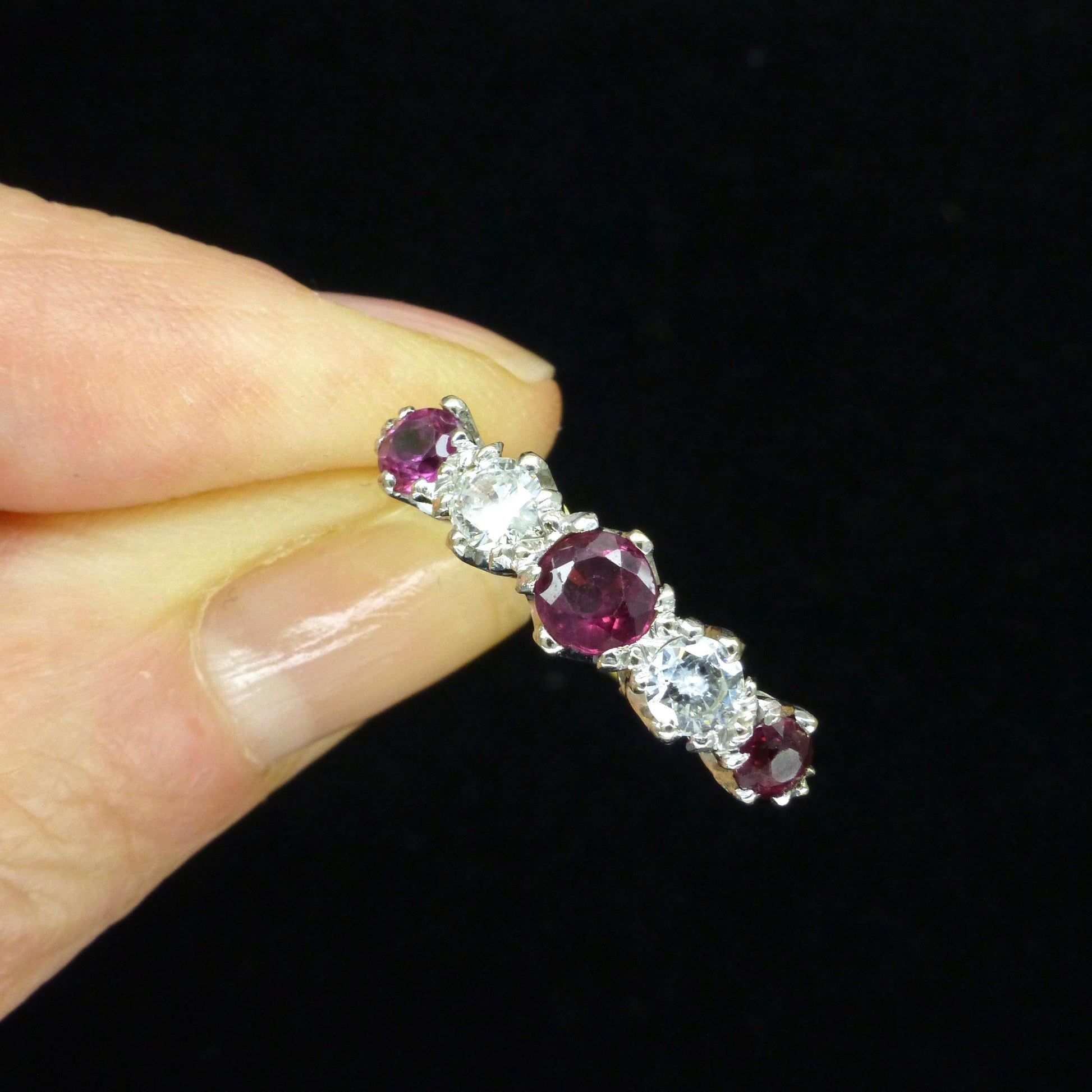 Antique 18ct ruby and old brilliant cut diamond five stone ring