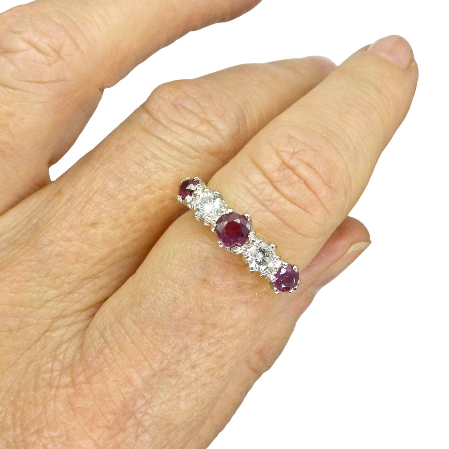 Antique 18ct ruby and old brilliant cut diamond five stone ring