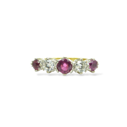 Antique 18ct ruby and old brilliant cut diamond five stone ring