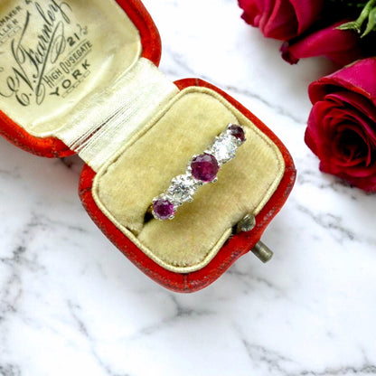 Antique 18ct ruby and old brilliant cut diamond five stone ring