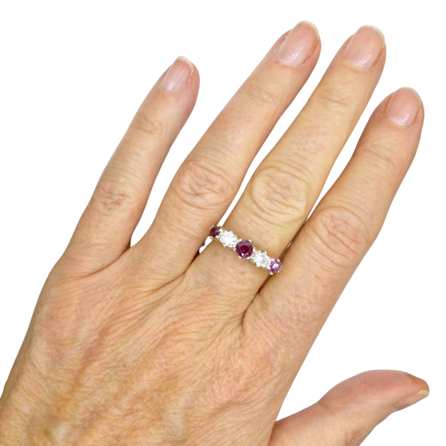 Antique 18ct ruby and old brilliant cut diamond five stone ring