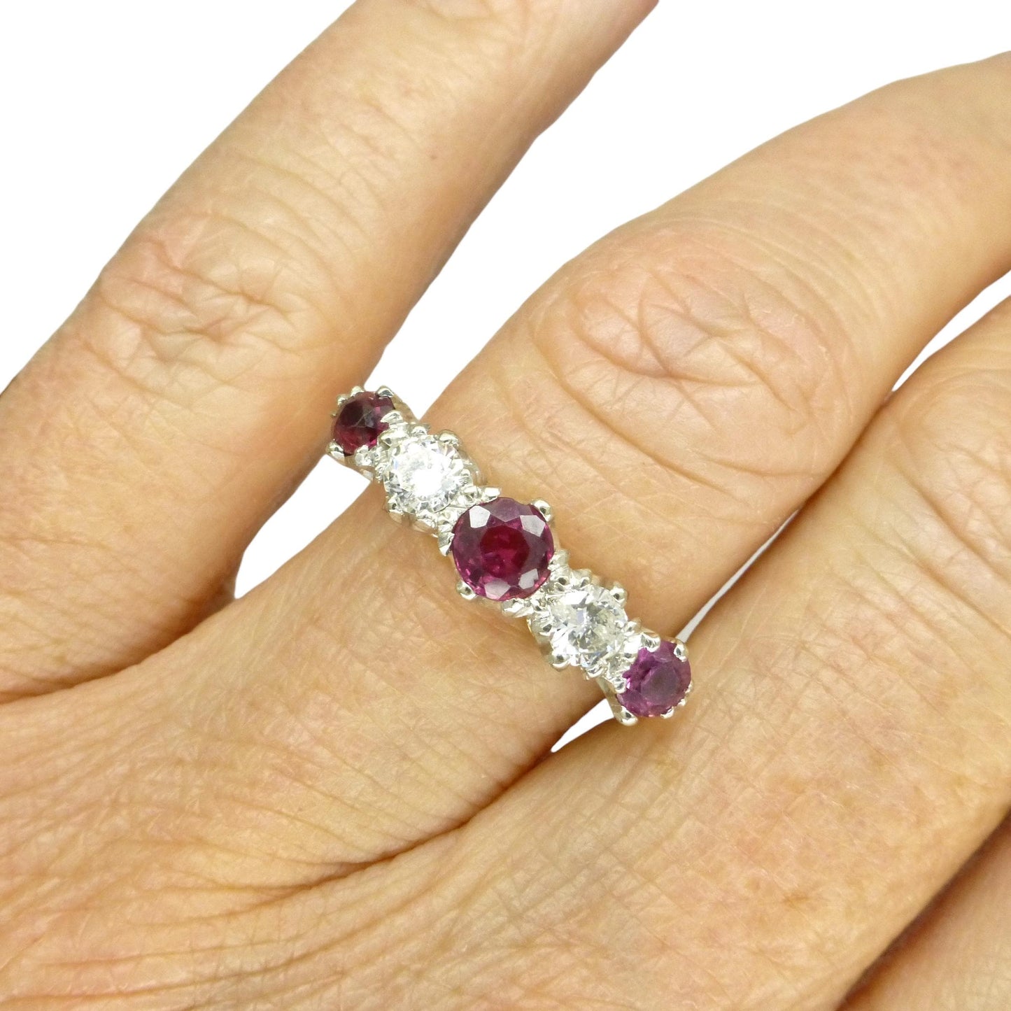 Antique 18ct ruby and old brilliant cut diamond five stone ring