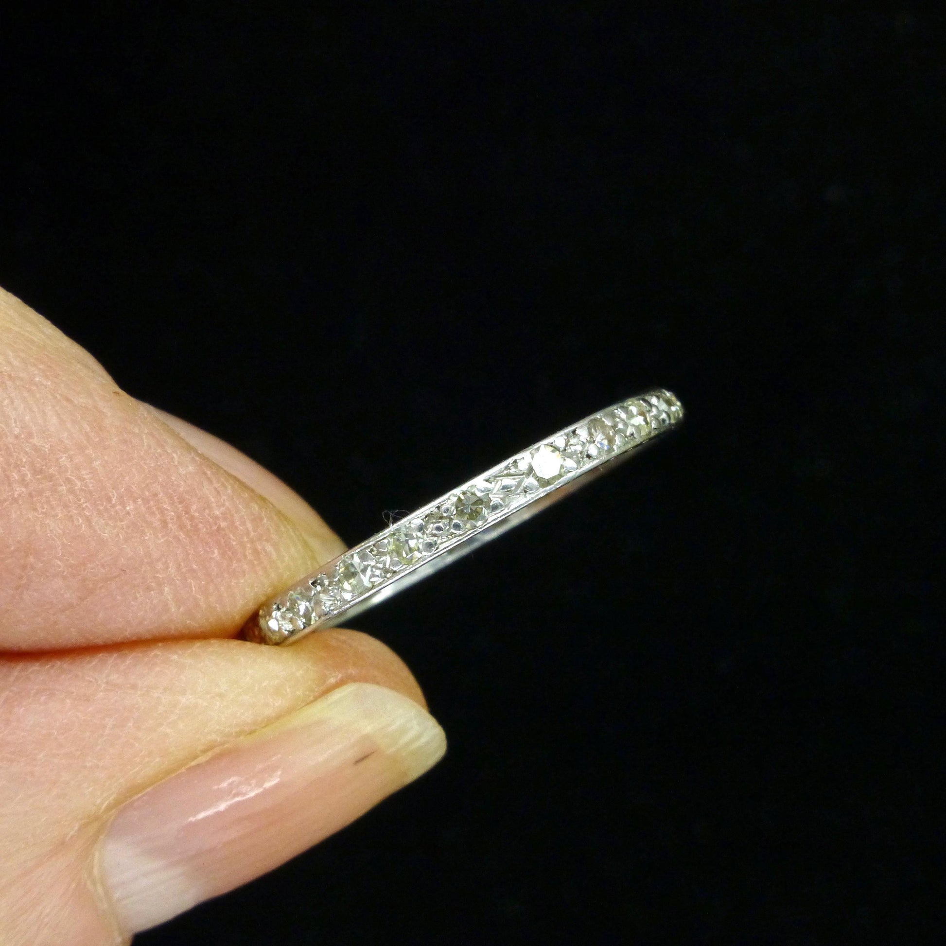 Antique platinum Diamond full Eternity Ring - Narrow 2mm Wedding Band 1920s, Size O - 7