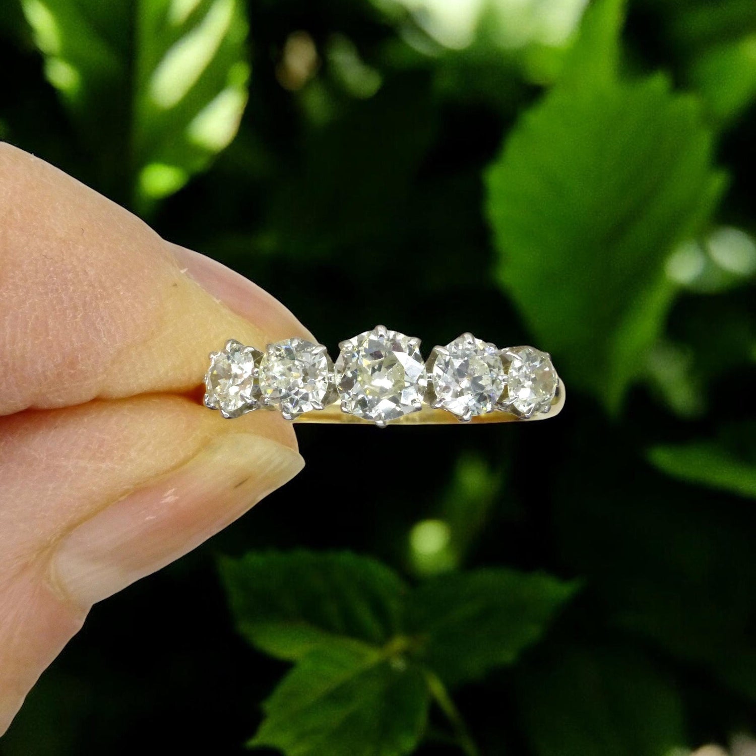 Antique 18ct gold old cut natural diamond five stone ring c.1.05ct c1920's