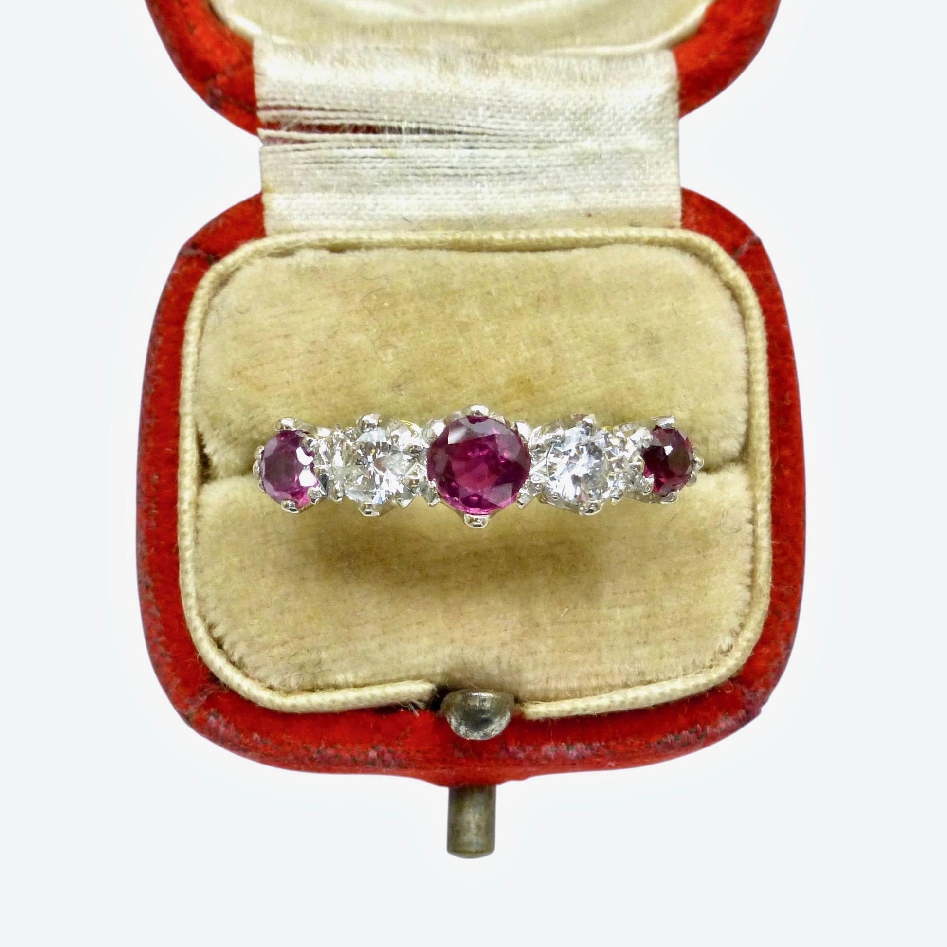Antique 18ct ruby and old brilliant cut diamond five stone ring
