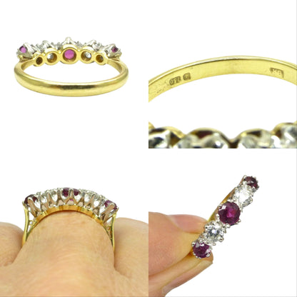 Antique 18ct ruby and old brilliant cut diamond five stone ring