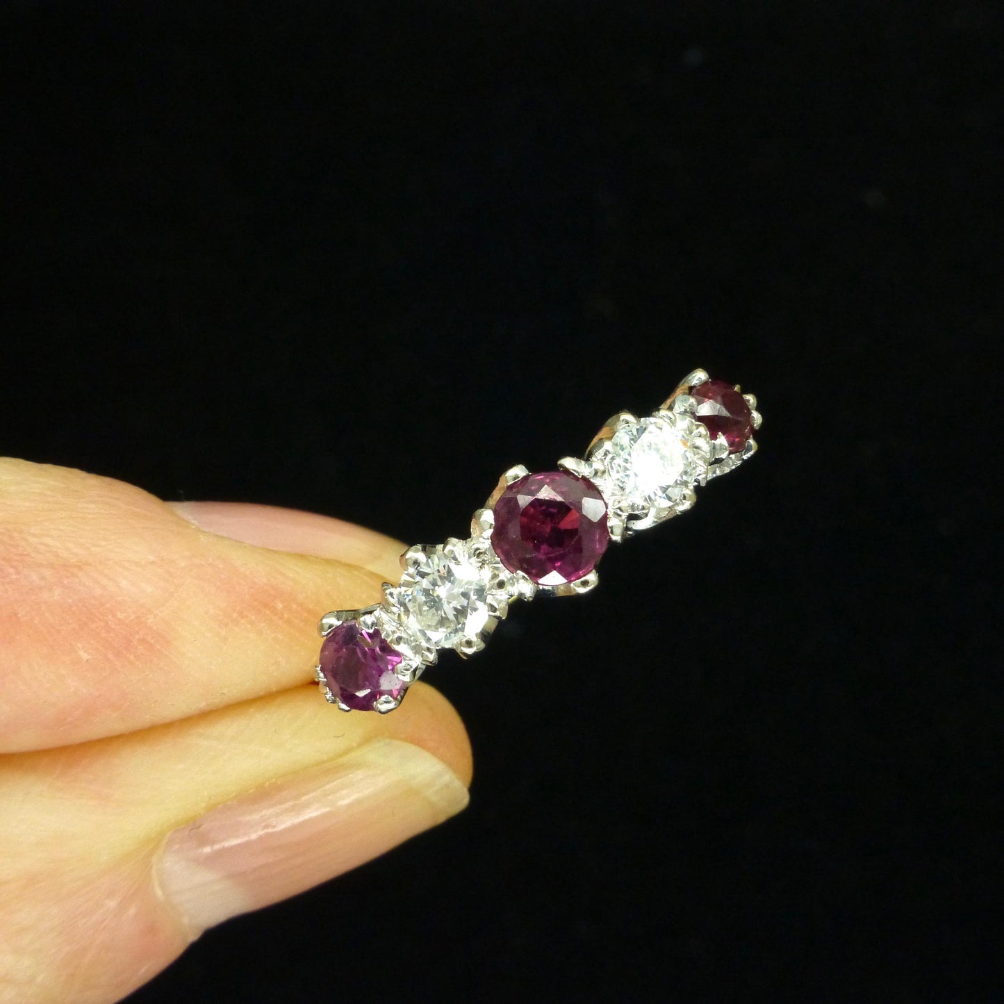 Antique 18ct ruby and old brilliant cut diamond five stone ring