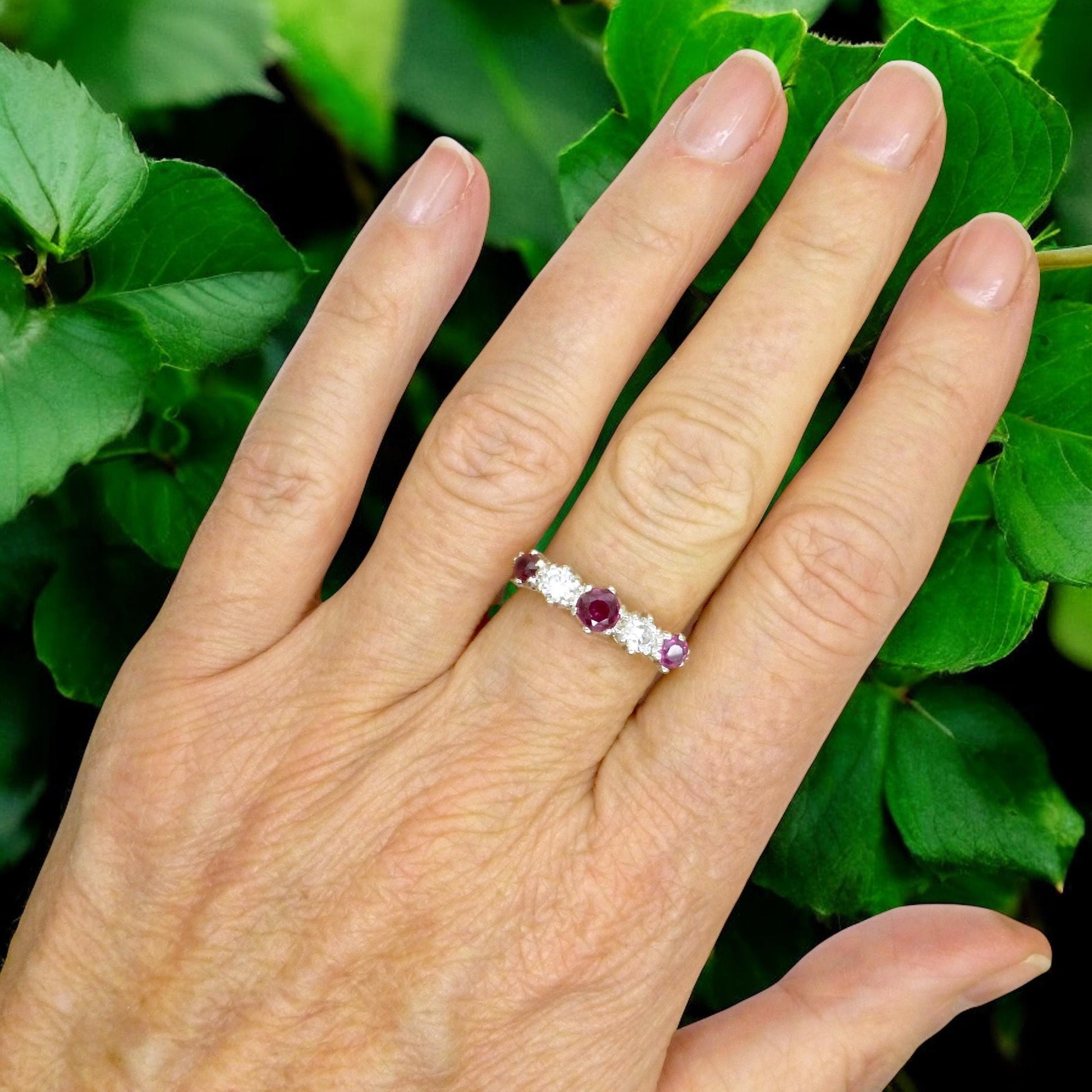 Antique 18ct ruby and old brilliant cut diamond five stone ring