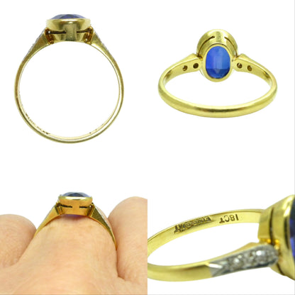 Antique 18ct & Platinum synthetic oval sapphire and diamond solitaire ring c1920's