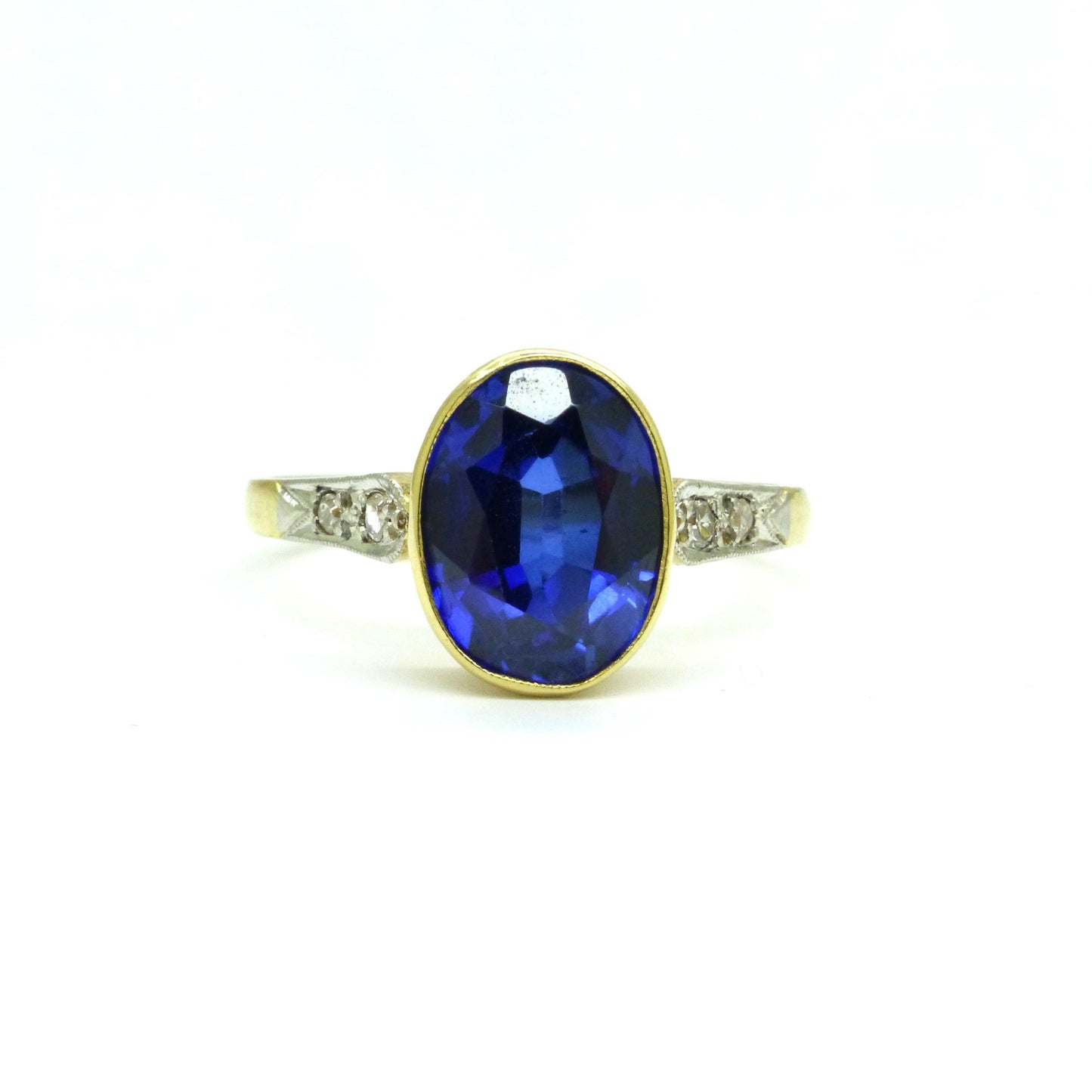 Antique 18ct & Platinum synthetic oval sapphire and diamond solitaire ring c1920's