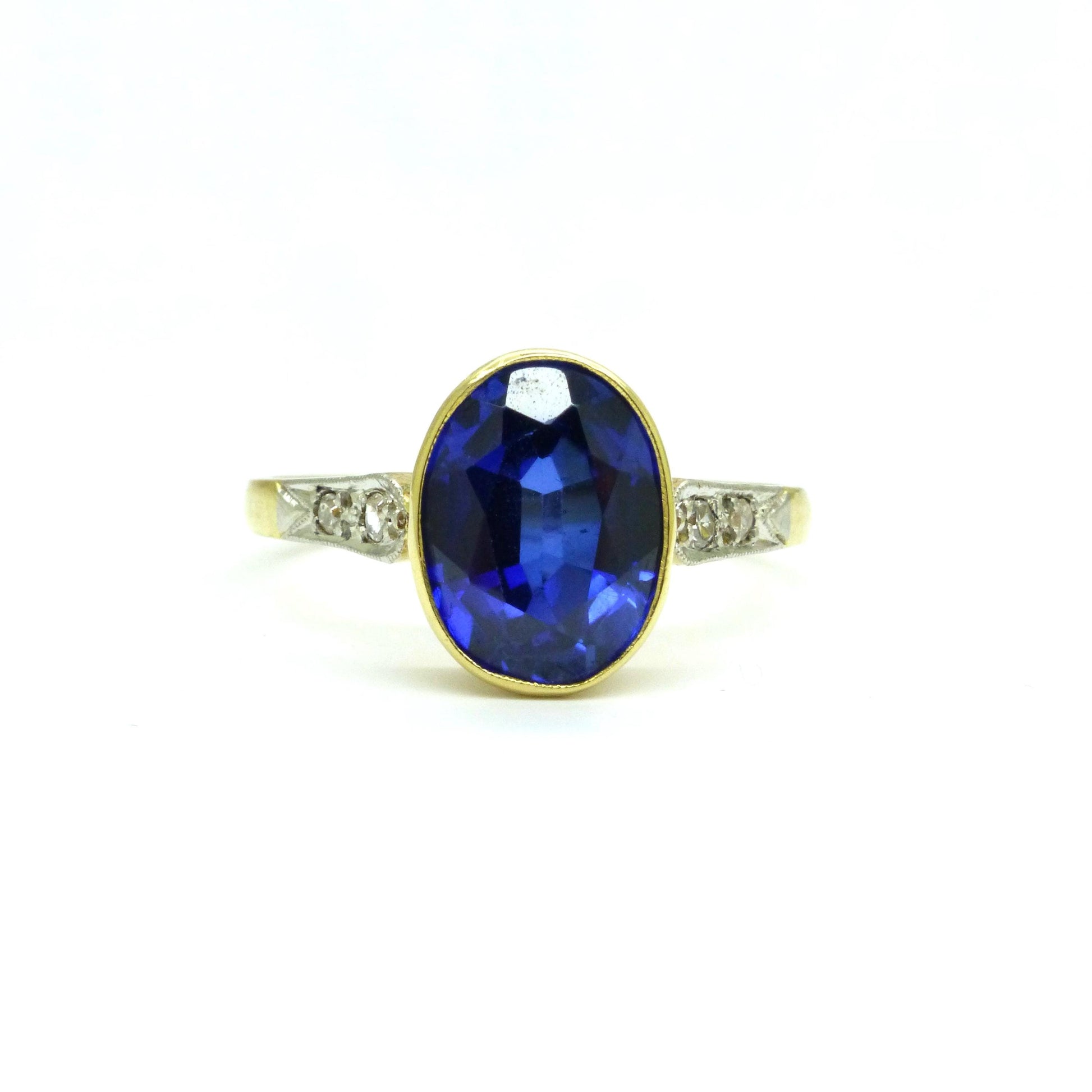 Antique 18ct & Platinum synthetic oval sapphire and diamond solitaire ring c1920's