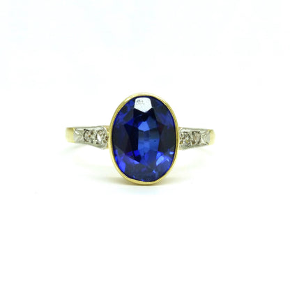 Antique 18ct & Platinum synthetic oval sapphire and diamond solitaire ring c1920's
