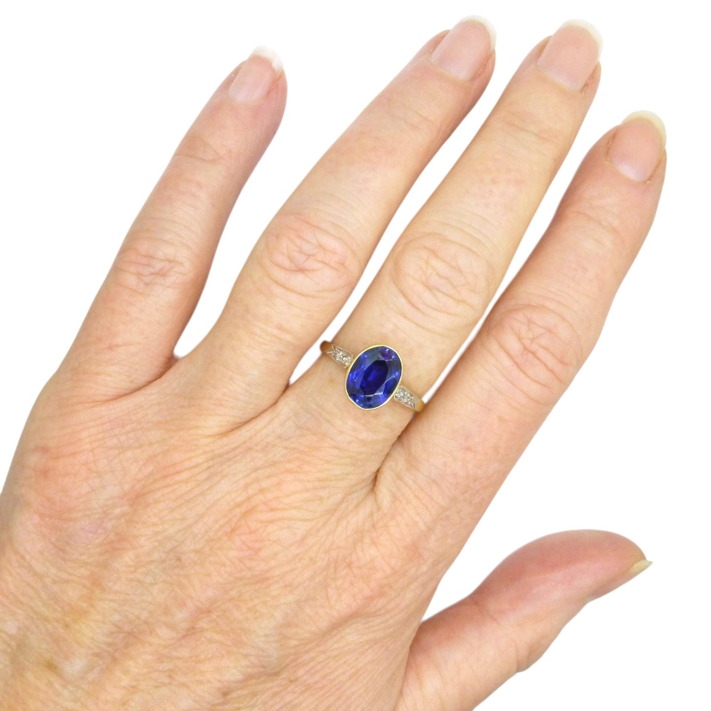Antique 18ct & Platinum synthetic oval sapphire and diamond solitaire ring c1920's