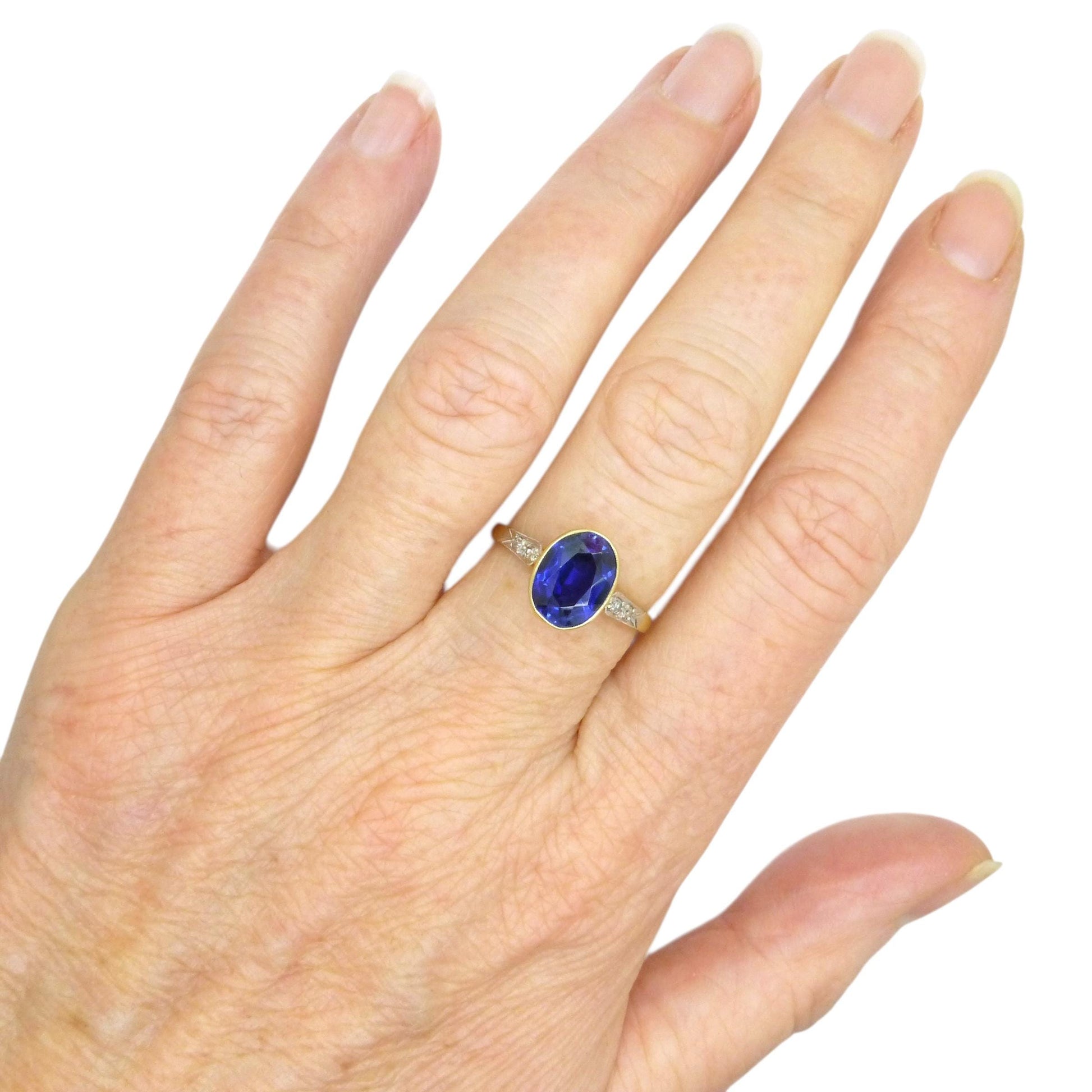 Antique 18ct & Platinum synthetic oval sapphire and diamond solitaire ring c1920's
