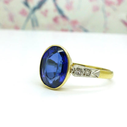 Antique 18ct & Platinum synthetic oval sapphire and diamond solitaire ring c1920's