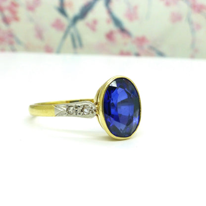Antique 18ct & Platinum synthetic oval sapphire and diamond solitaire ring c1920's
