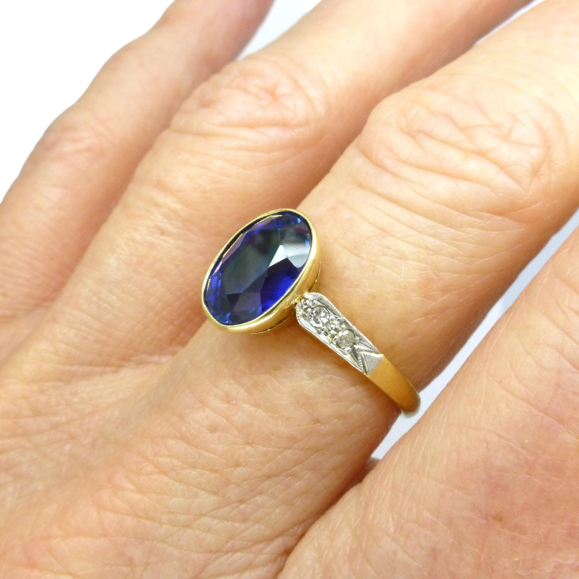 Antique 18ct & Platinum synthetic oval sapphire and diamond solitaire ring c1920's