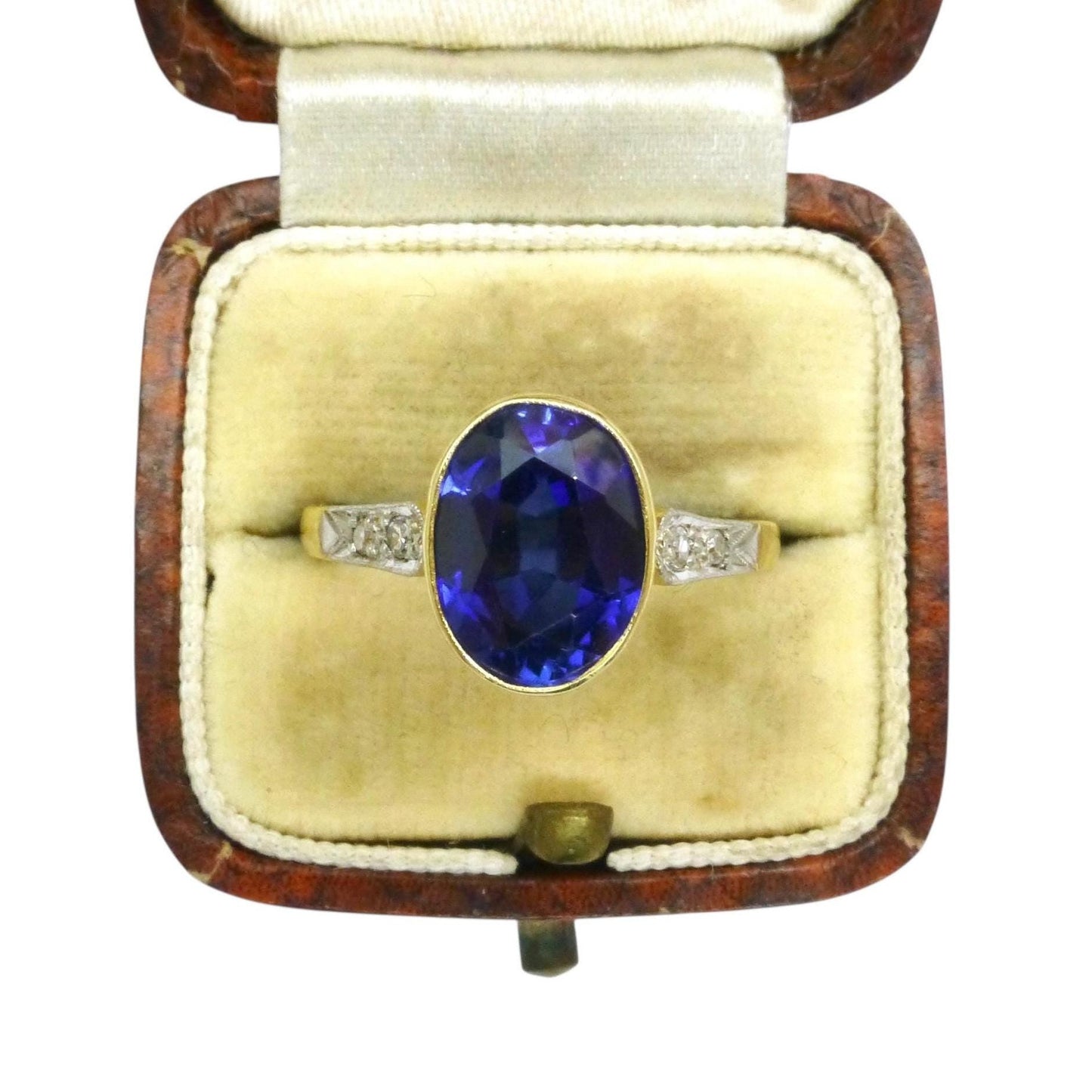 Antique 18ct & Platinum synthetic oval sapphire and diamond solitaire ring c1920's