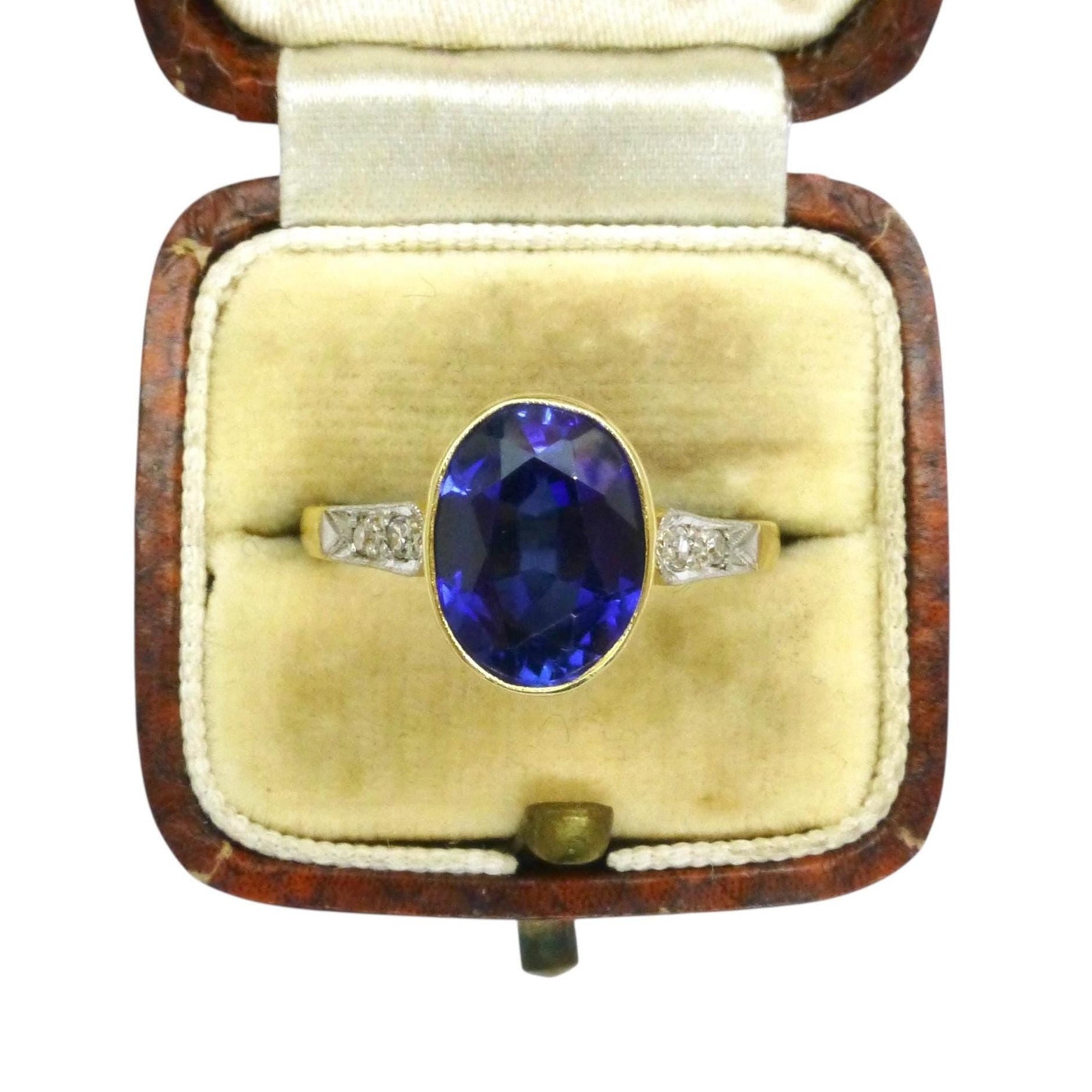 Antique 18ct & Platinum synthetic oval sapphire and diamond solitaire ring c1920's