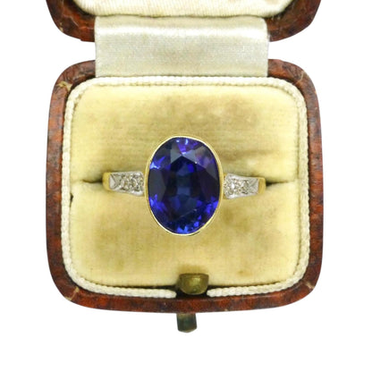 Antique 18ct & Platinum synthetic oval sapphire and diamond solitaire ring c1920's