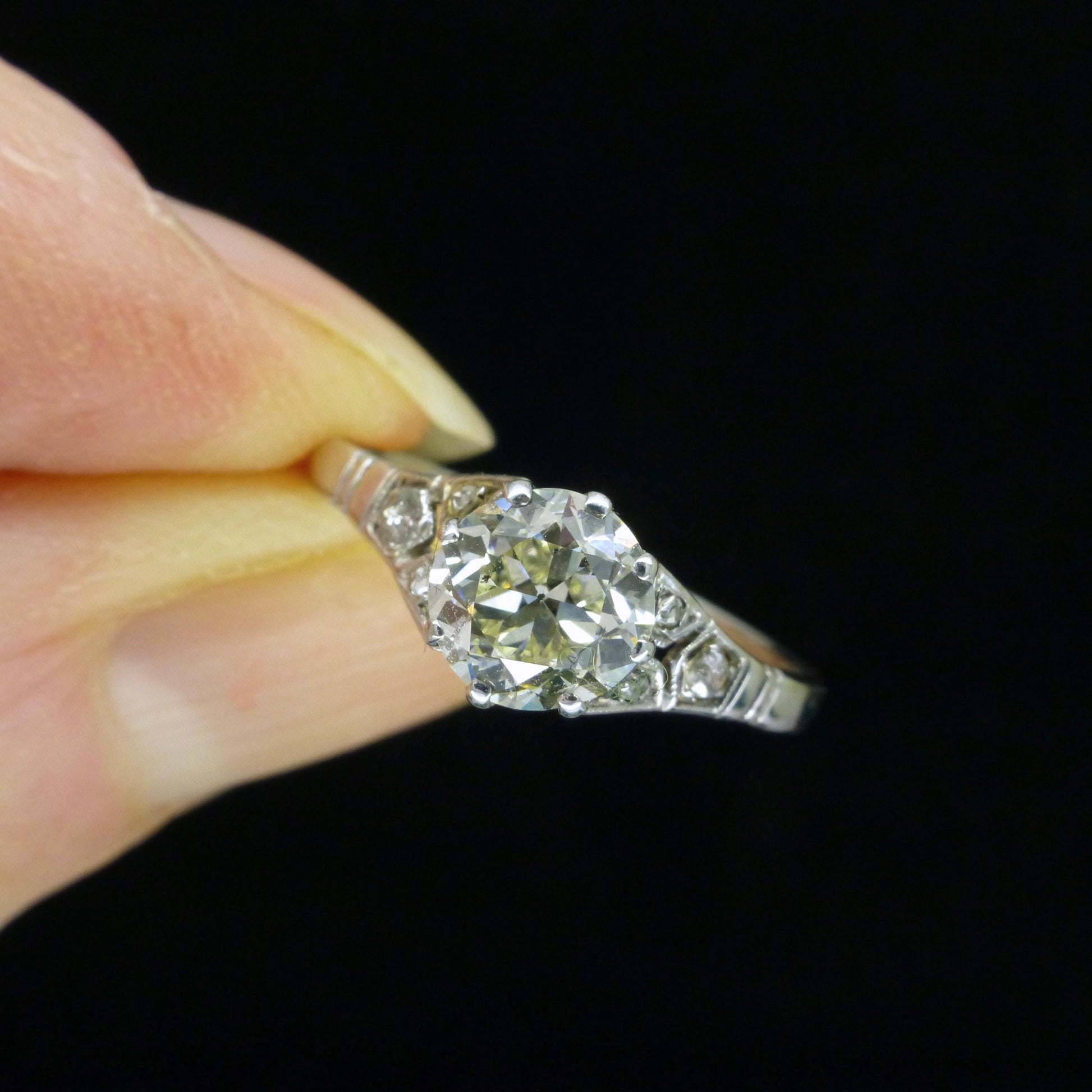 Antique old European cut diamond solitaire ring ~ 18ct white gold 0.80ct ~ With Valuation.
