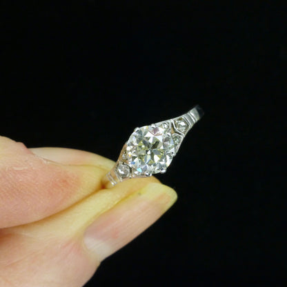 Antique old European cut diamond solitaire ring ~ 18ct white gold 0.80ct ~ With Valuation.