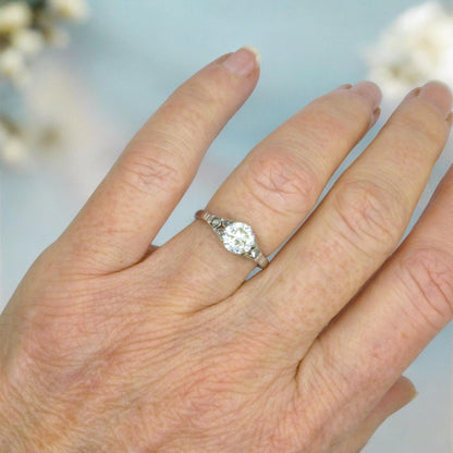 Antique old European cut diamond solitaire ring ~ 18ct white gold 0.80ct ~ With Valuation.