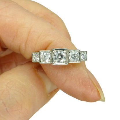 Art Deco style platinum square set diamond five stone ring 0.80ct
