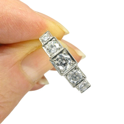 Art Deco style platinum square set diamond five stone ring 0.80ct