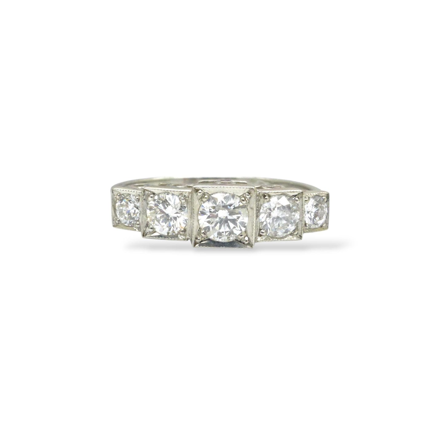Art Deco style platinum square set diamond five stone ring 0.80ct