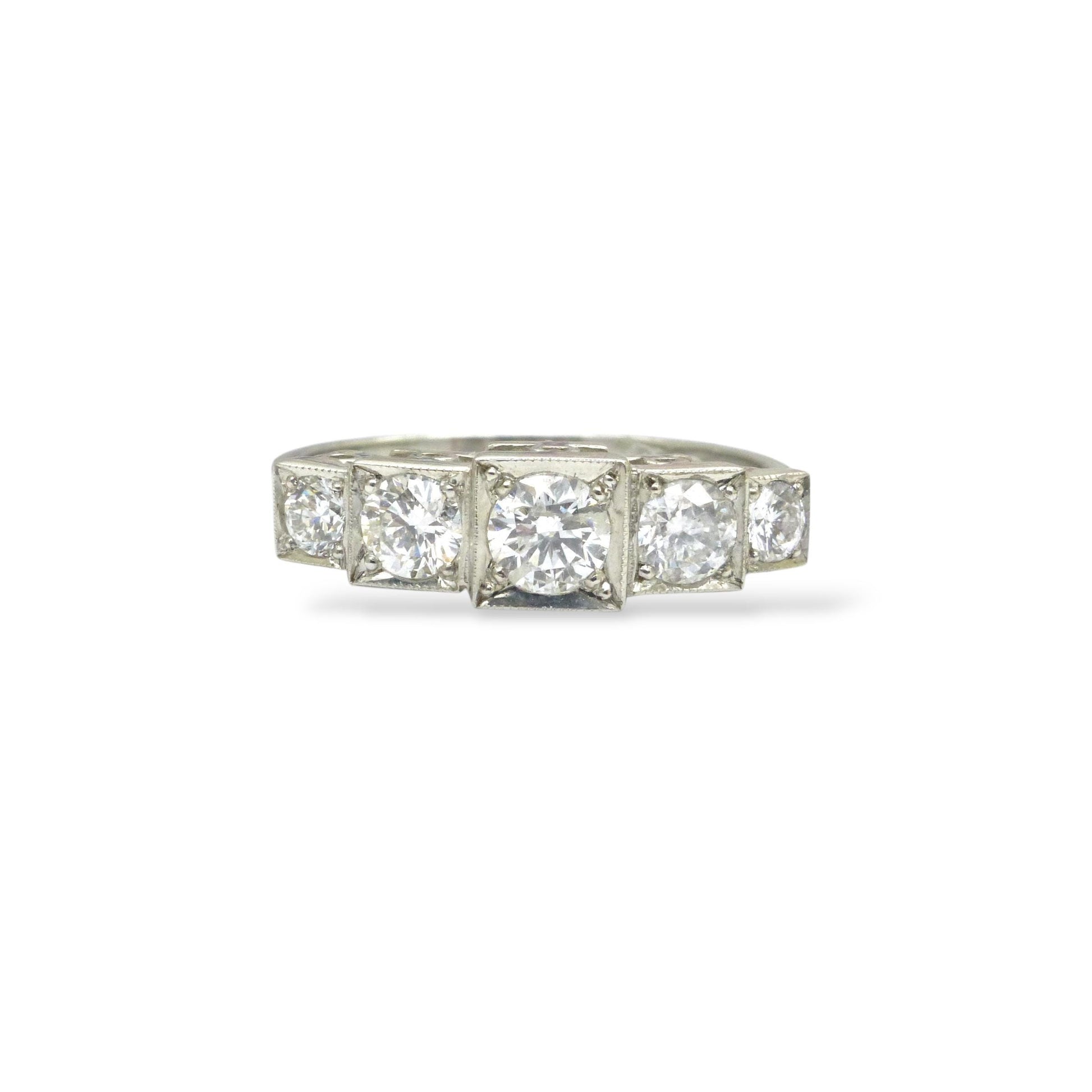 Art Deco style platinum square set diamond five stone ring 0.80ct