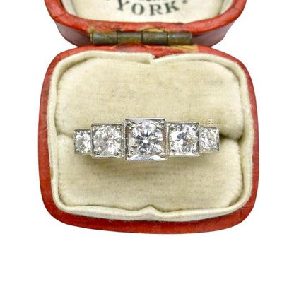 Art Deco style platinum square set diamond five stone ring 0.80ct