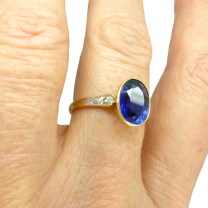 Antique 18ct & Platinum synthetic oval sapphire and diamond solitaire ring c1920's