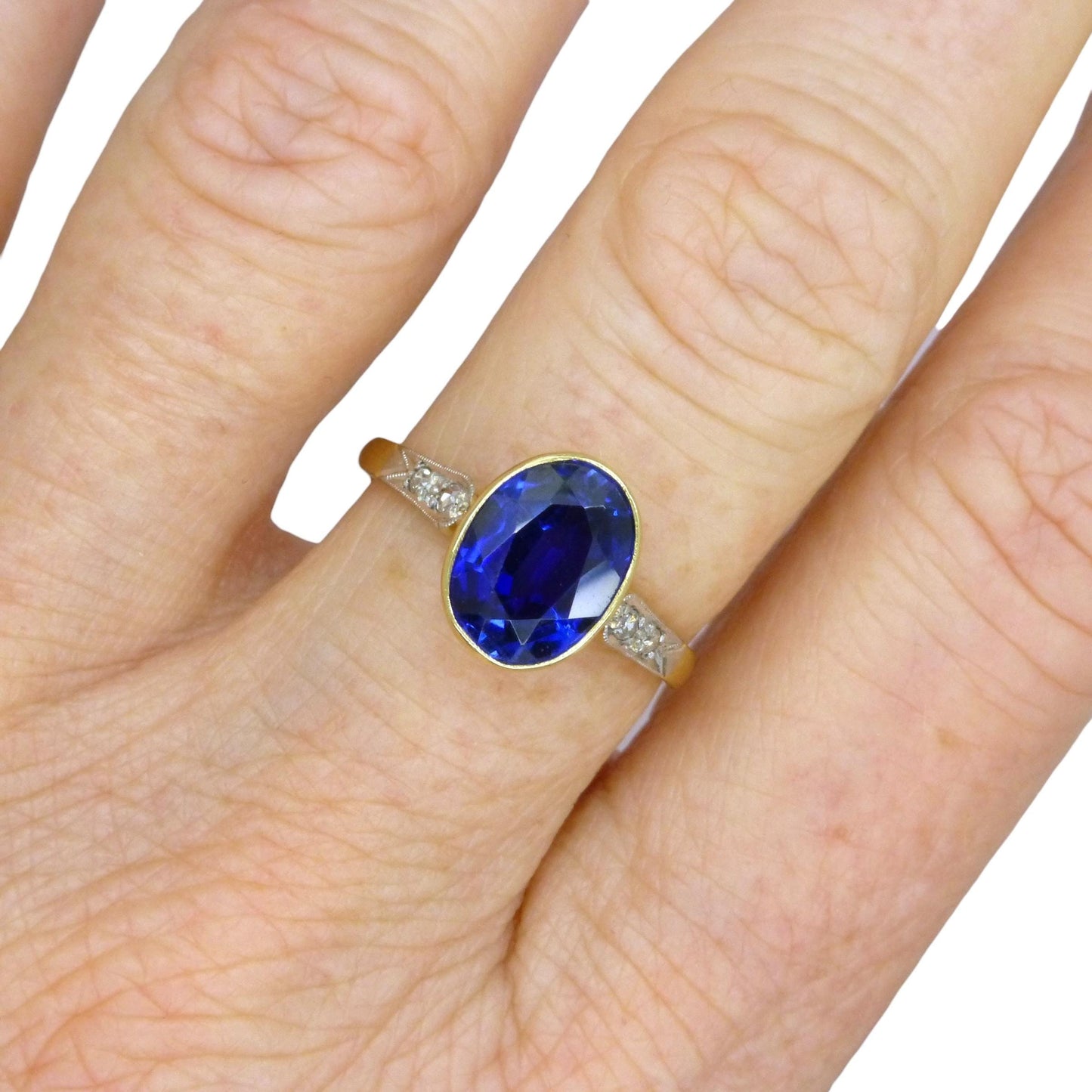 Antique 18ct & Platinum synthetic oval sapphire and diamond solitaire ring c1920's