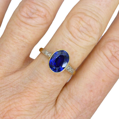 Antique 18ct & Platinum synthetic oval sapphire and diamond solitaire ring c1920's