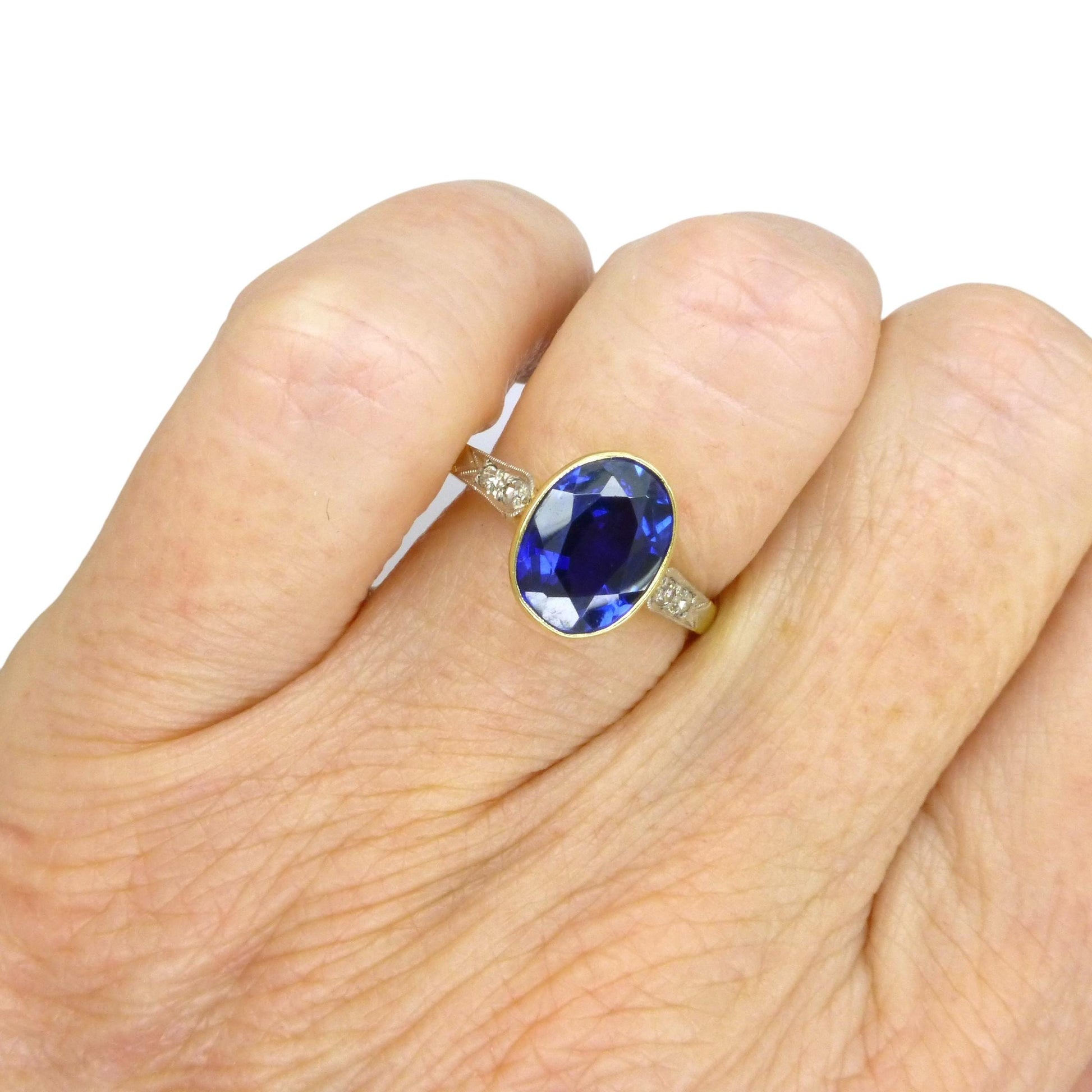 Antique 18ct & Platinum synthetic oval sapphire and diamond solitaire ring c1920's