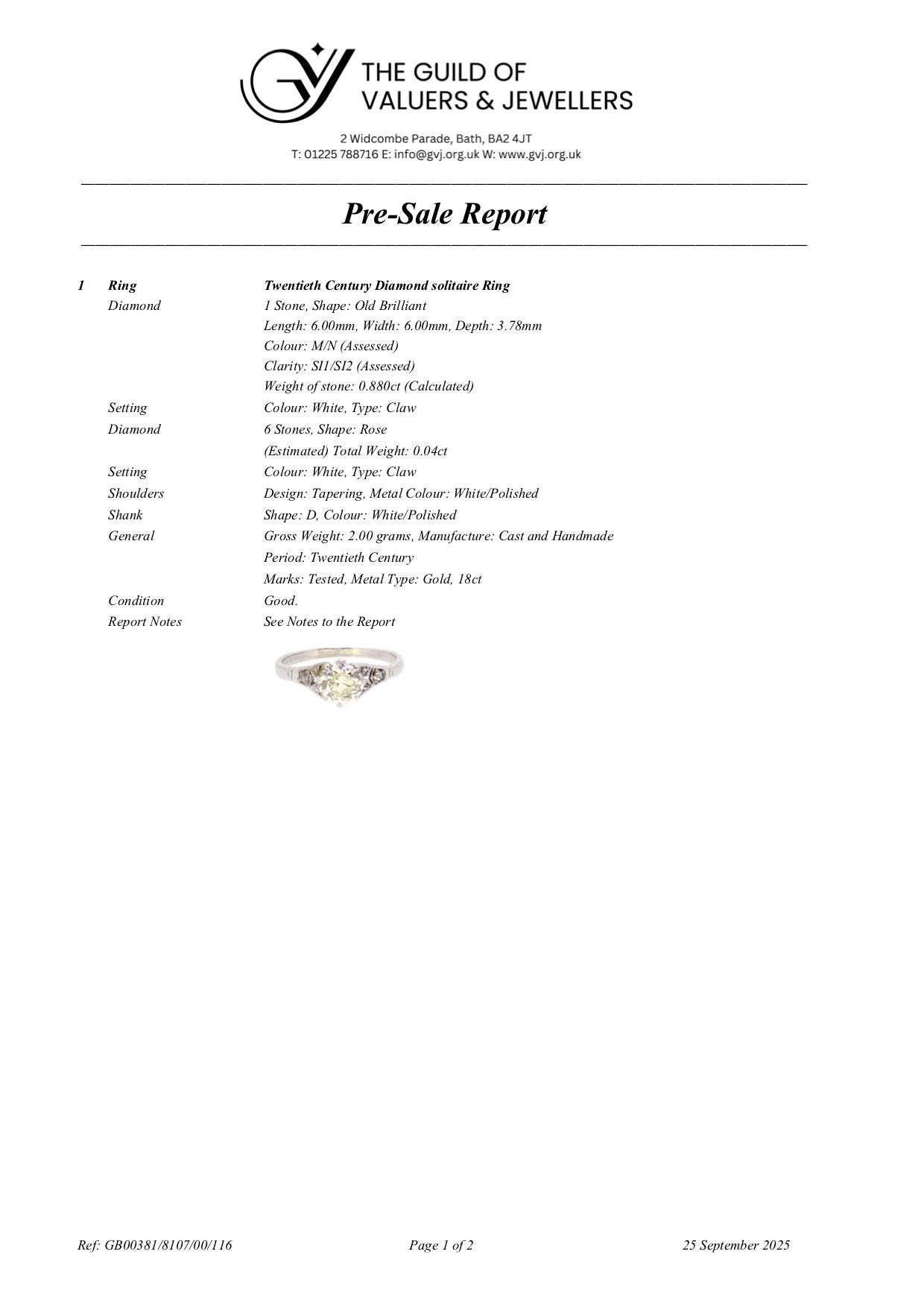 Antique old European cut diamond solitaire ring ~ 18ct white gold 0.80ct ~ With Valuation.