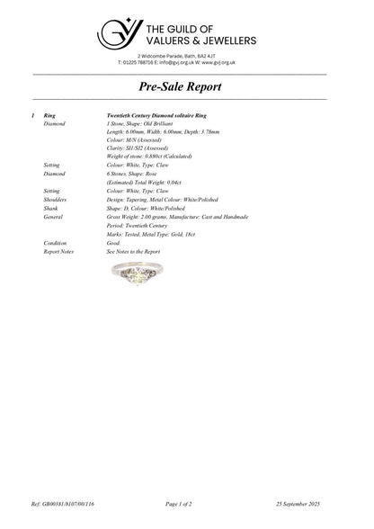 Antique old European cut diamond solitaire ring ~ 18ct white gold 0.80ct ~ With Valuation.