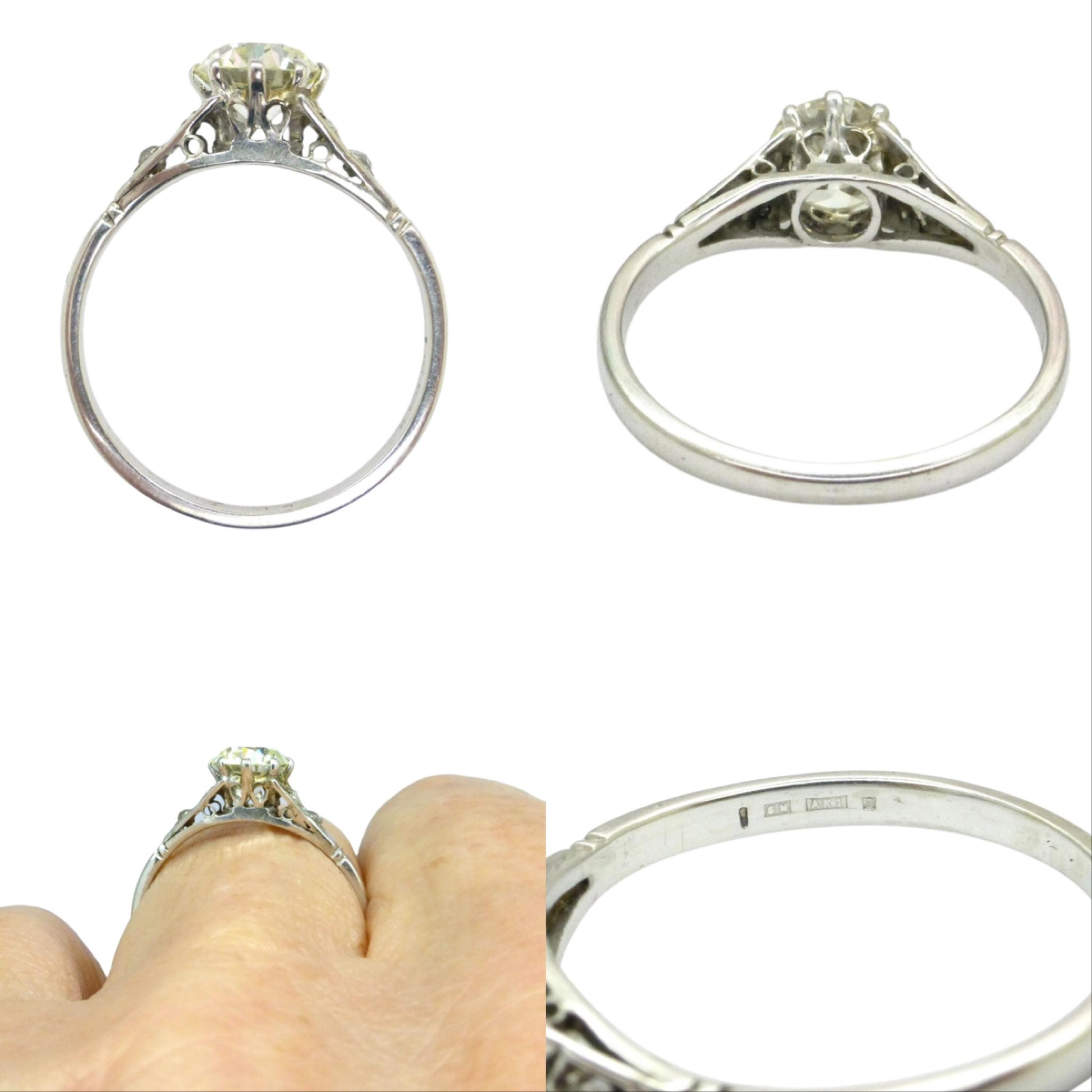 Antique old European cut diamond solitaire ring ~ 18ct white gold 0.80ct ~ With Valuation.